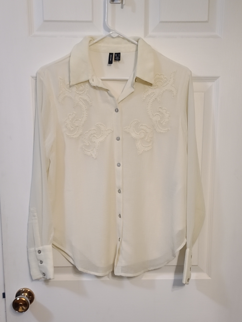 Vero Moda Ivory Embroidered Button Down Blouse Shirt Applique Romantic Coquette